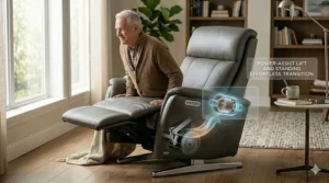 A power lift recliner assisting a person to a standing position to prevent back strain.