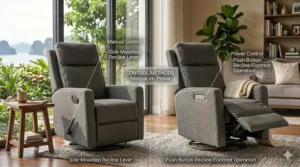 Side-by-side comparison of a manual side lever and a power reclining button panel.