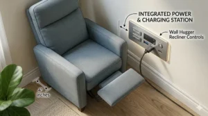 Close-up illustration of the side power buttons and USB charging port on a faux-leather wall hugger recliner.