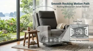 Close-up diagram of the smooth rocking motion path of a swivel rocker chair.