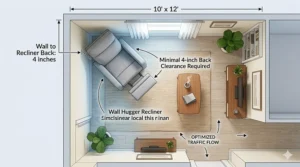 Top-down floor plan illustration featuring a wall hugger recliner used to maximize floor space in a studio apartment.