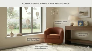 A compact faux leather swivel barrel chair tucked into a cozy corner reading nook.