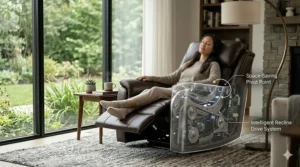 Illustration showing the intelligent recline drive system and space-saving pivot point of a massage recliner chair.