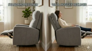 Side-by-side comparison of a standard recliner hitting a wall versus a wall hugger recliner operating smoothly in a tight space.