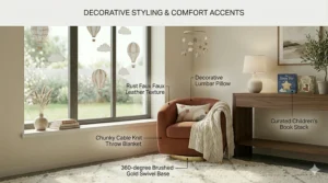 An oversized swivel barrel chair styled with a decorative throw pillow and a knit blanket.