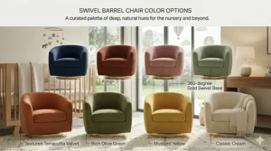 A collection of swivel barrel chairs in various colors including terracotta, olive, and mustard.