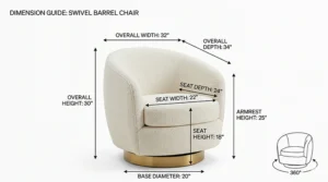 Diagram showing the height, width, and seat depth of a standard swivel barrel chair.