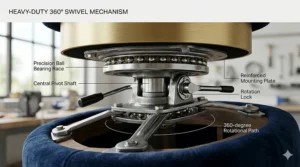 Underside view of the heavy-duty metal 360-degree swivel mechanism on a barrel chair.