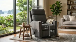 Technical drawing showing the width, height, and depth dimensions of a swivel rocker recliner.