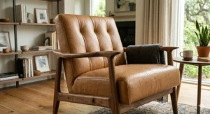 Detailed photograph of a tan leather mid-century modern armchair with button tufting, displaying the rich texture and natural grain of the material.