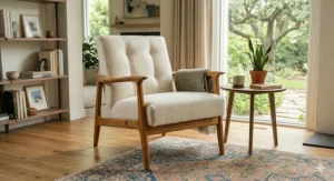 Photorealistic image featuring a hand-crafted teak wood mid-century modern armchair frame with cream linen cushions.