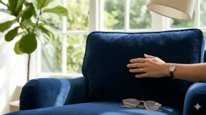 Soft navy blue velvet fabric on a comfortable reading armchair illustrating durable upholstery.