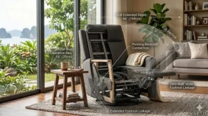 Diagram showing the necessary wall clearance for a swivel rocker recliner to fully tilt back.