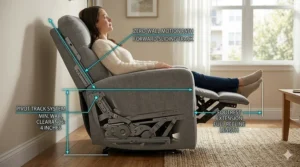 A technical diagram showing the 4-inch clearance needed for a wall hugger recliner compared to standard reclining chairs.