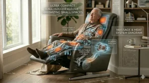 A space-saving wall hugger recliner shown in a small living room setup, perfect for back pain sufferers with limited space.