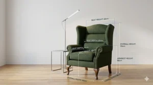 An illustration showing the standard height and width measurements of a high-back wingback chair.