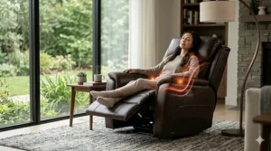 Diagram of a massage recliner chair in the zero gravity position to reduce spinal pressure.