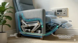 An infographic showing the forward-sliding motion path of a zero-wall hugger recliner chair.