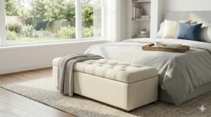 A long cream-colored upholstered storage ottoman placed at the foot of a bed holding extra pillows.