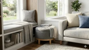 A compact grey round storage ottoman tucked neatly into a small apartment corner for extra seating.