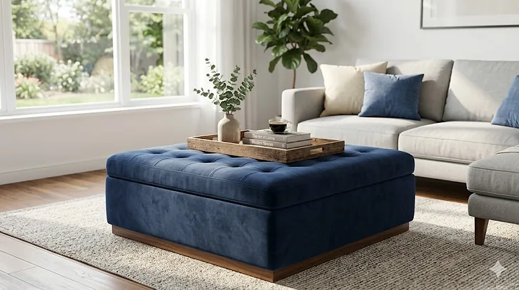 A stylish tufted navy blue storage ottoman styled in a modern living room as a central coffee table. best storage ottoman
