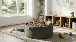 A durable dark grey fabric storage ottoman being used in a playroom to hide children's toys.