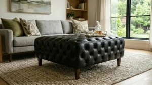 A classic black tufted leather ottoman with dark wood legs in a minimalist office setting.