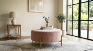 A round blush pink velvet ottoman featuring elegant brushed gold metal legs.