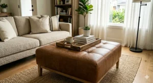 A vintage-style cognac leather ottoman coffee table featuring dark wood legs and a distressed finish.