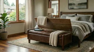 Deep brown faux leather storage bench for the end of a bed in a masculine-style room.