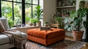 A vibrant burnt orange velvet ottoman styled with bohemian decor and indoor plants.