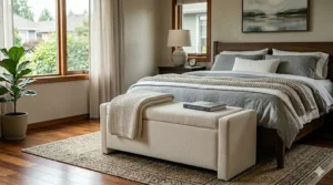 Small cream-colored storage bench for the end of a twin or full-sized bed.