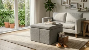 Two compact cube storage ottomans tucked under a coffee table in a small apartment.