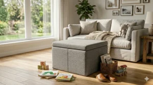 Colorful cube storage ottoman used for organizing toys in a child's playroom.