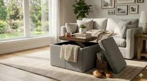Interior view of a square storage ottoman showing spacious blanket storage.