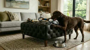 A durable cognac leather ottoman in a family room setting, showcasing its water-resistant surface.