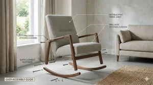 Simple exploded view illustration showing the quick assembly process of a modern living room rocker.