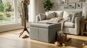 A pair of cube storage ottomans used as entryway seating for changing shoes.