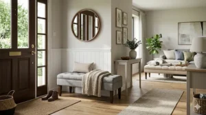 Gray upholstered bench with wooden legs used as a transition piece between an entryway and living room.