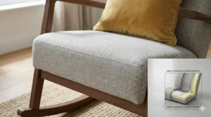 Close-up illustration of the lumbar support and curved backrest of a modern rocking chair.