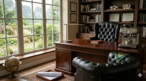 A black executive leather club chair paired with a mahogany desk in a modern home office.