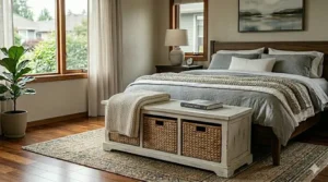 White farmhouse-style end of bed bench featuring wicker basket storage drawers.