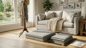 A collapsible black fabric storage ottoman being folded flat for easy storage.