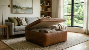 Close-up view of the stitching and natural grain of a high-quality genuine leather ottoman.