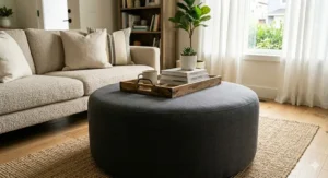 A soft-edged circular ottoman coffee table providing a safe, sharp-corner-free furniture option for a family room.