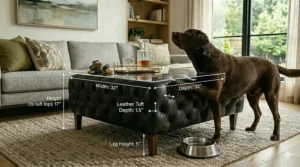 Illustration showing the height and width measurements of a standard rectangular leather ottoman.