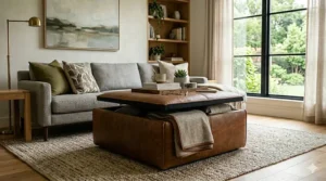 An open leather storage ottoman showing hidden interior space for blankets and pillows.