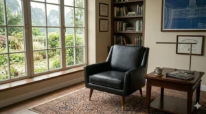 Sleek mid-century modern leather club chair with tapered wooden legs on a minimalist rug.