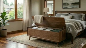 Mid-century modern end of bed bench with tapered legs and hidden storage.