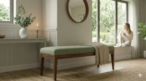 Mid-century modern upholstered bench with tapered legs in a bright, airy living room.